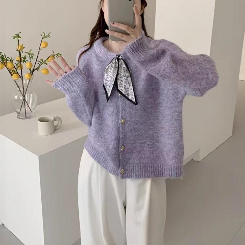 Seiden-Patchwork-Strickjacke - Damen Herbst/Winter Koreanischer Stil, Lockere Passform, Rundhalsausschnitt