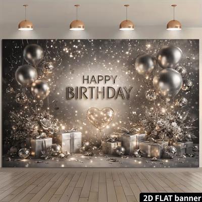 2D Luxury Silver Glitter Happy Birthday Backdrop Banner for Women Birthday Party