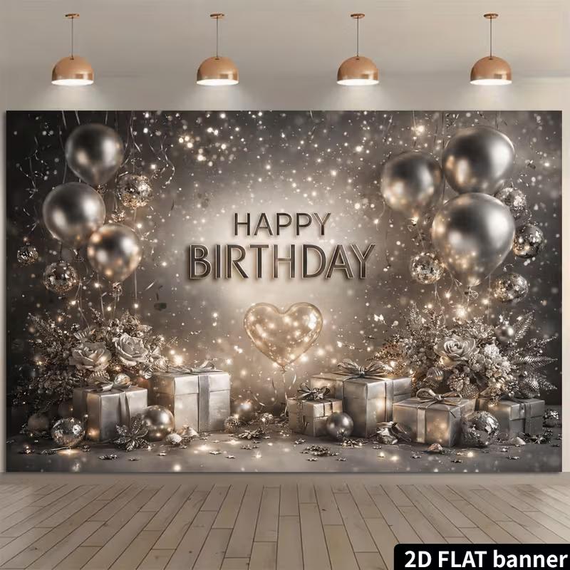 

2D Luxury Silver Glitter Happy Birthday Backdrop Banner for Women Birthday Party 47.2x31.5inch/120*80cm
