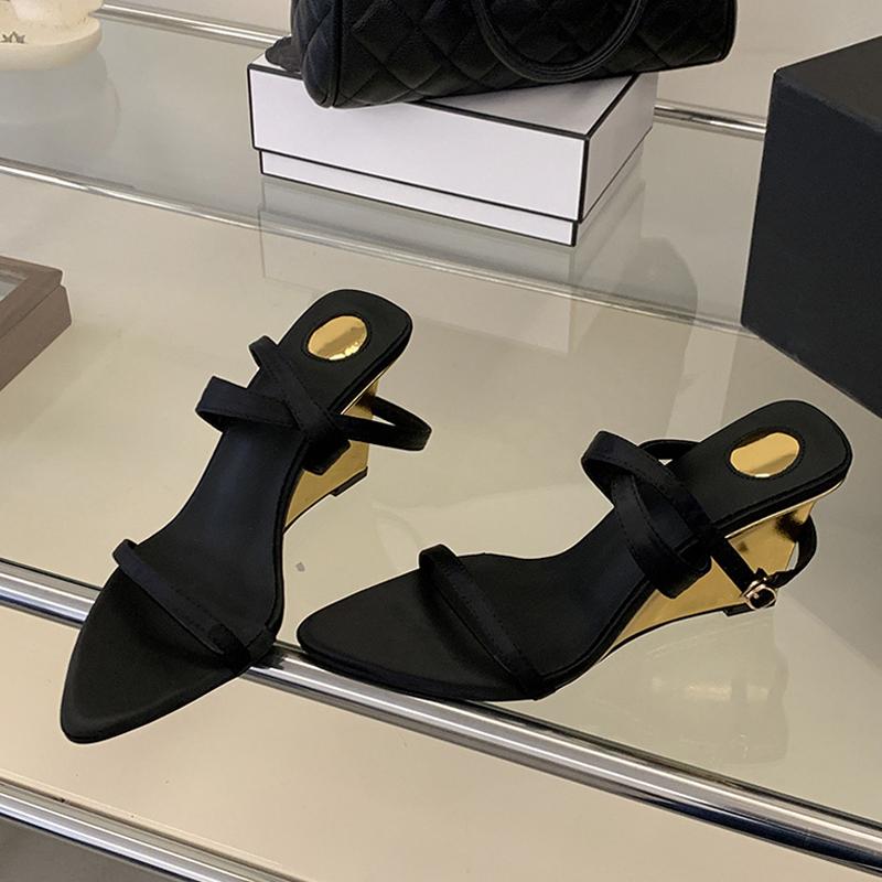Summer Fashion Gold Wedges Sandals For Women 2026 New Design Pointed Open Toe Ankle Strap High Heels Party Dress Shoes