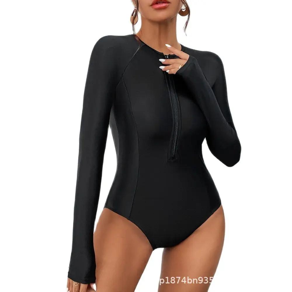 New Black Long Sleeve Swimwear Sports One-Piece Swimsuits Closed Surfing Bodysuit Women's Swim Bath Bathing Suit Beachwear Pool
