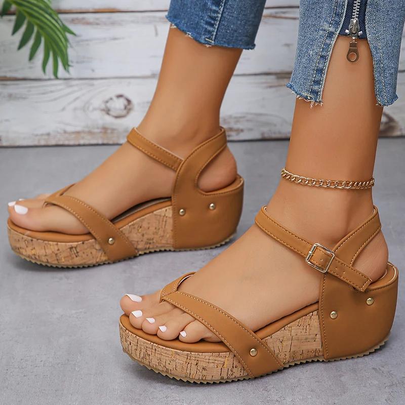 Fashion Camel Wedges Chunky Platform Sandals Women 2024 Summer Clip Toe Thick Bottom Gladiator Sandals Woman Ankle Buckle Beach Shoes