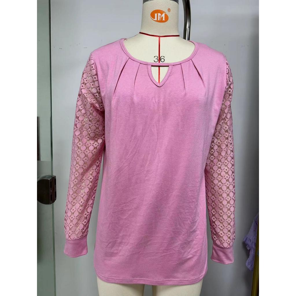 Fall Winter New Women's Solid Color Lace Splicing Loose Long Sleeve T-shirt Top For Cross-border Europe America