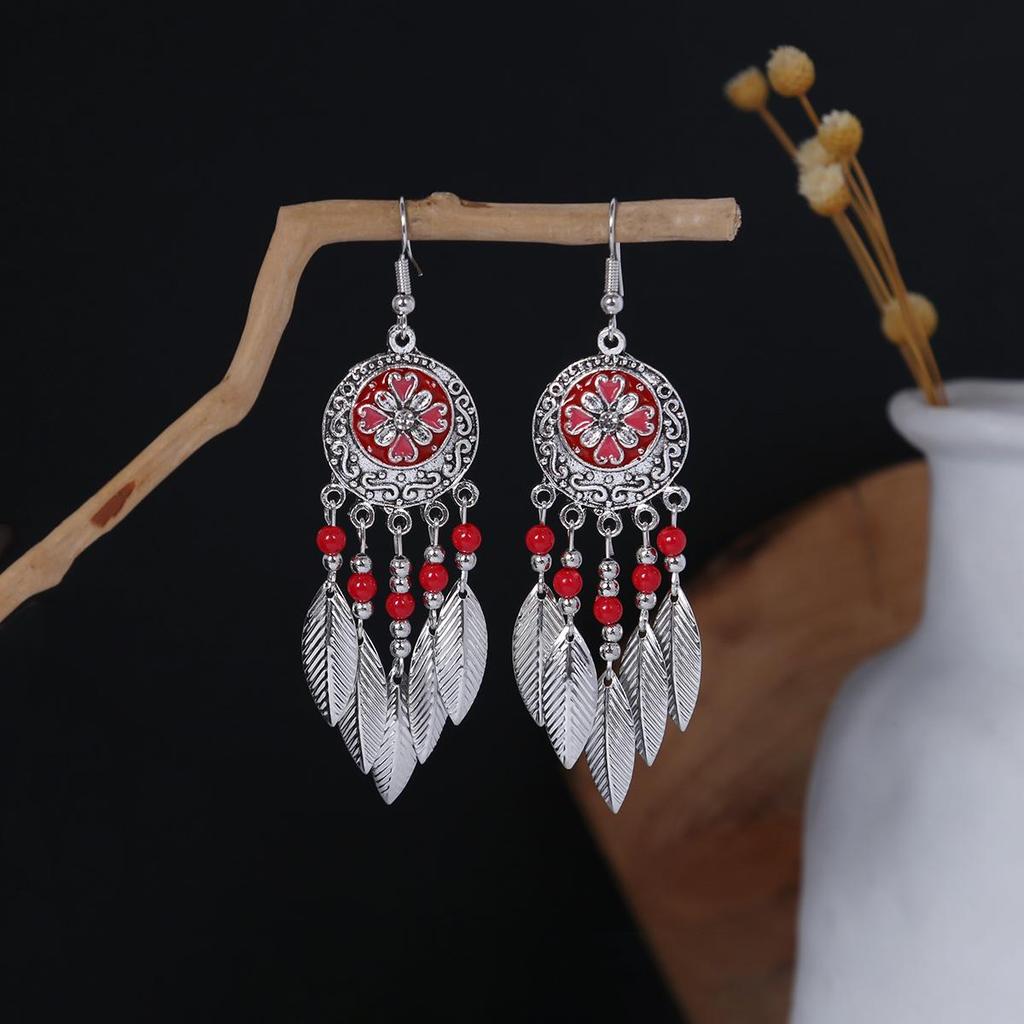 Bohemian Ethnic Oval Tassel Earrings with Beads