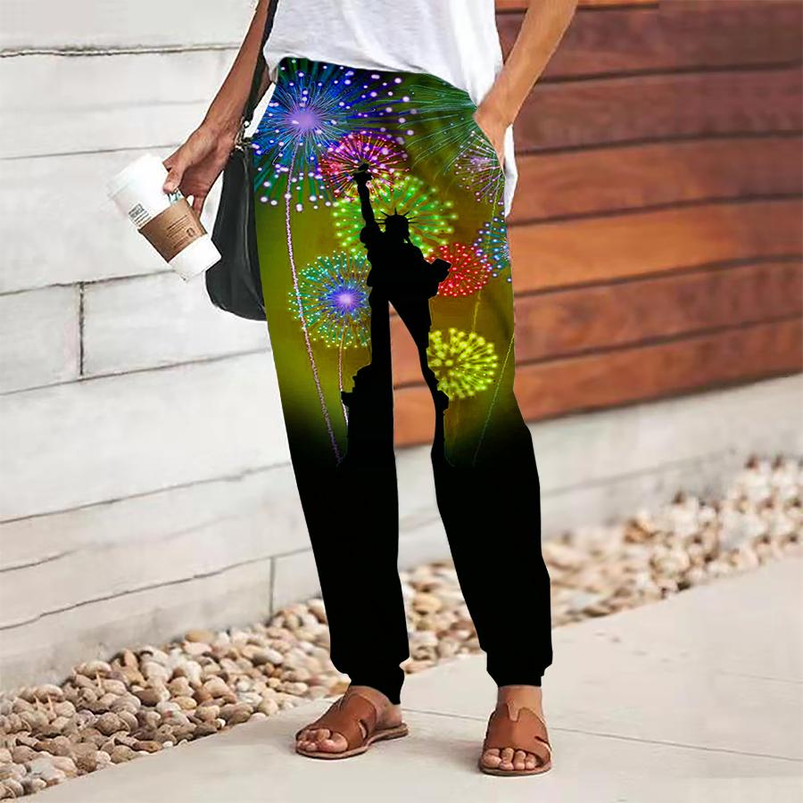 Women Fireworks Printing Pants Lace Up Elastic Waist Loose  Trousers Casual Long Pants Trousers with Pockets