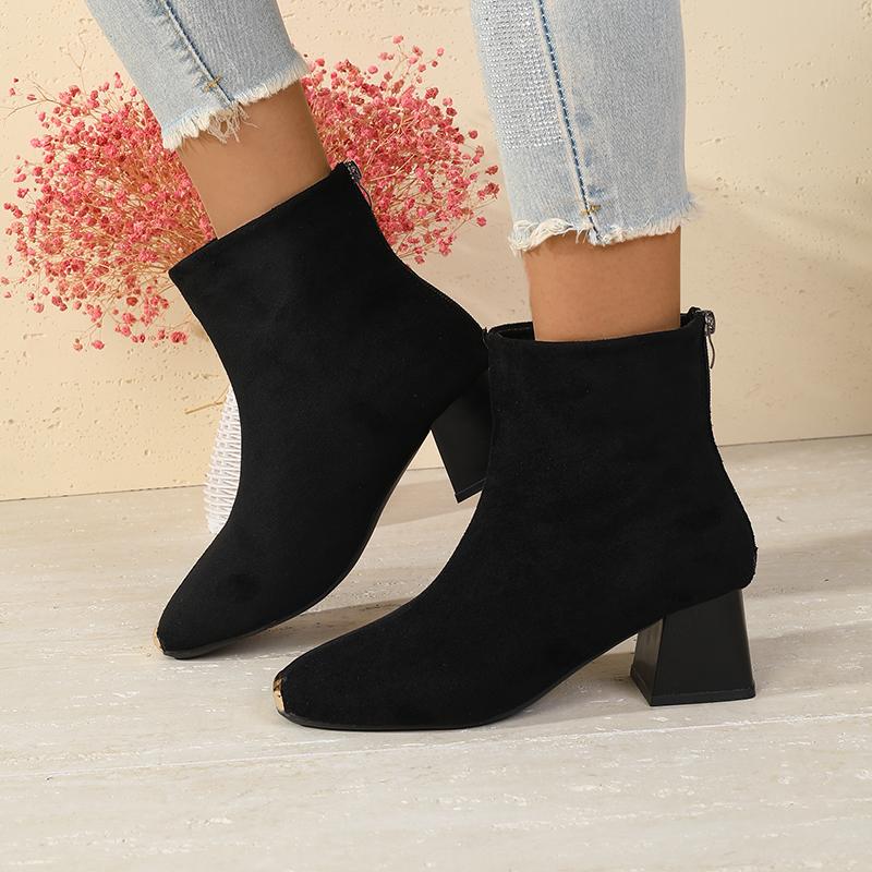 Anti-kick Suede Short Boots for WomenAutumn New Fashionable Chunky Heel Metal Square Toe Mid-Heel Stretch Slim Sock Boots