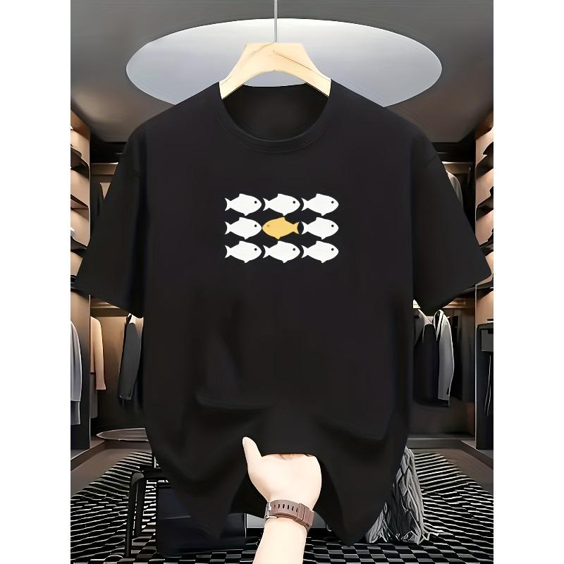 European sizes Men's Casual Round Neck T-Shirt with Fish School Pattern Summer Regular Fit, with Fish Design for Men