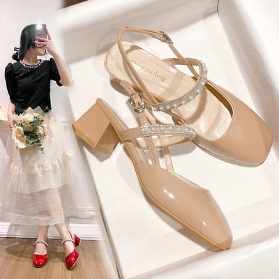Fashionable Vintage Elegant Pearl Thick Heeled Sandals Women's 2025 Summer New Style One-Row Strap High Heeled Shoes Round Toe