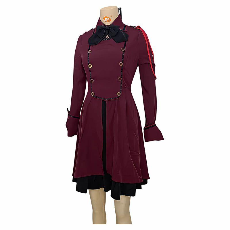 

European and American Medieval Renaissance Retro Bow Long-Sleeved Ruffled Cosplay Dress with Puff Sleeves for Women Wine Red S