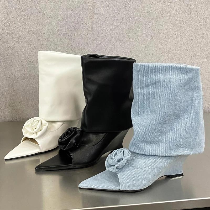 Street Style Design Flowers Peep Pointed Toe Women Ankle Boots Sandals Fashion Wedges High Heels Ladies Shoes