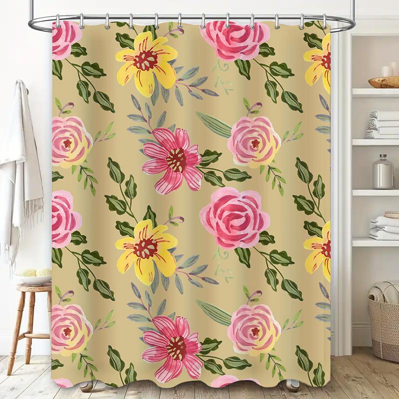GAEFloral Print Shower Curtain Set Waterproof Bath Decor Fabric for Home Decoration Beige, Pink Yellow Colors #806724319501