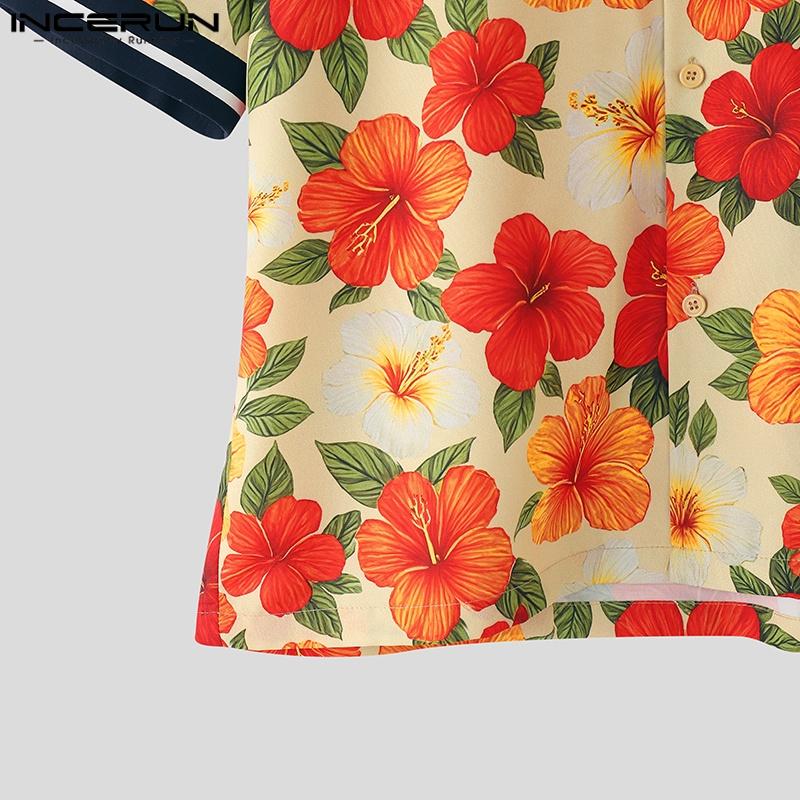 INCERUN Summer Men Lapel Neck Short Sleeve Floral Print Stitching Casual Oversized Hawaiian Shirts