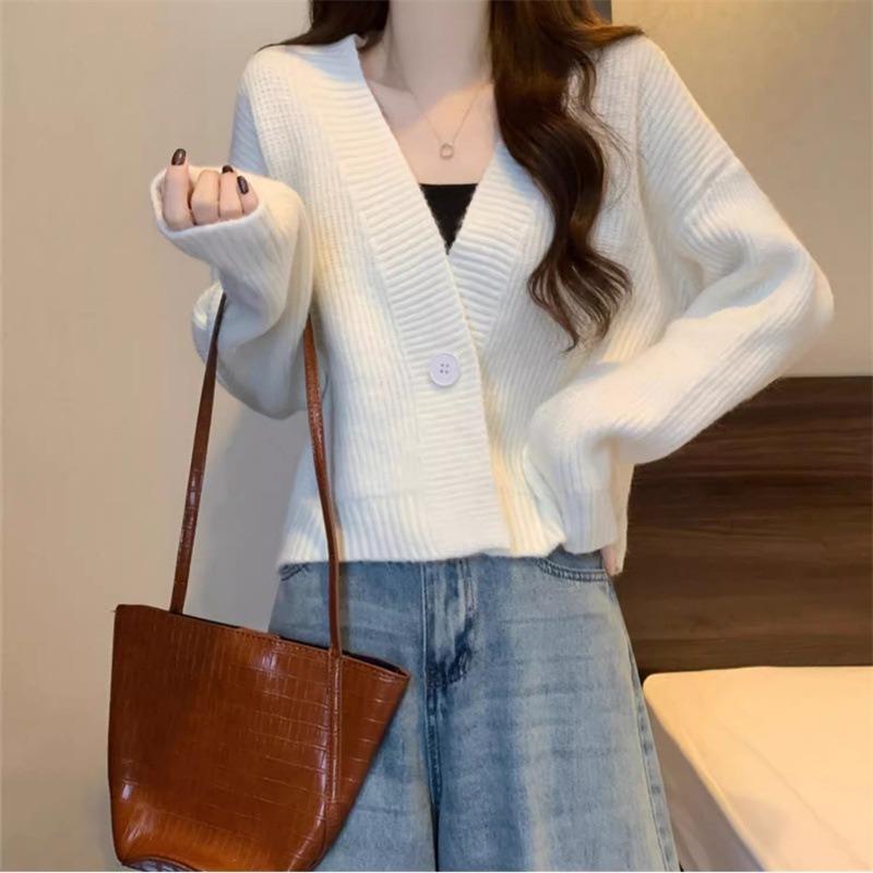 New Early Autumn Short Knitted Cardigan Loose Inner Top Long Sleeve V-Neck Sweater Jacket Women's