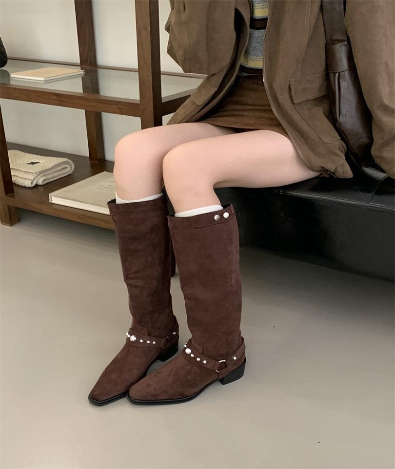 

Ретро Ковбойские Сапоги Женские 2025 Осень Новинка Нишевый Дизайн Пряжка на Ремне Толстый Каблук Высокие Сапоги Рыцаря 39 темно-коричневого