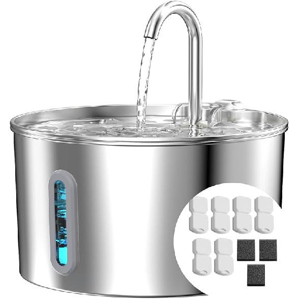 Cat Water Fountain Stainless Steel: 2.2 L Cat Fountain for Drinking - Automatic Pet Water Fountain for Cats Inside - Metal Cat Dog Water Dispenser
