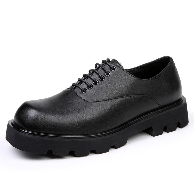 Square head casual leather shoes men's high-end sense thick-soled niche design spring and summer trend breathable heightening derby shoes