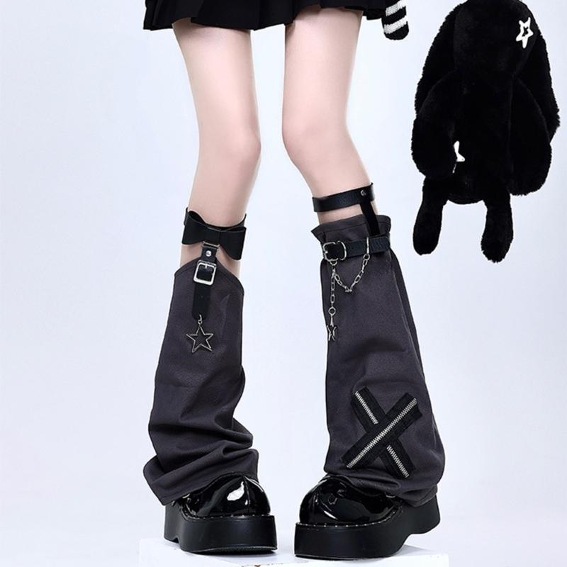 Aesthetic Vintage Crosses Stitched Leg Warmer for Women Harajuku Streetwear Punk Leather Buckle Garters Leg Sleeve Cover