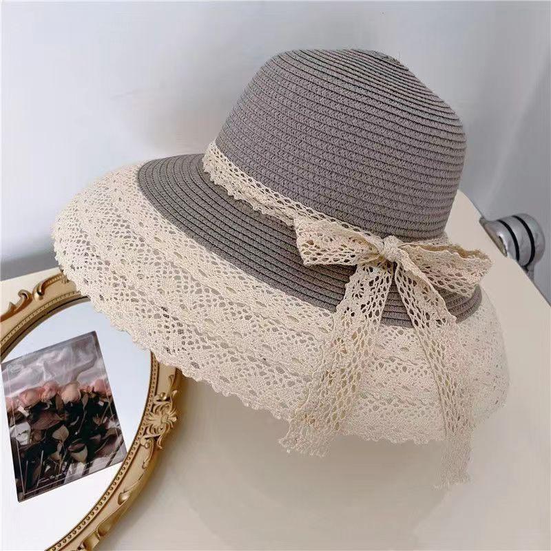

2025 Summer Sun Hat Women Beach Lace Bow Straw HatPanamas UV Protection Sun Visor COOL Seaside Beach Hat Summer Hats for Women 56-58cm сірий колір