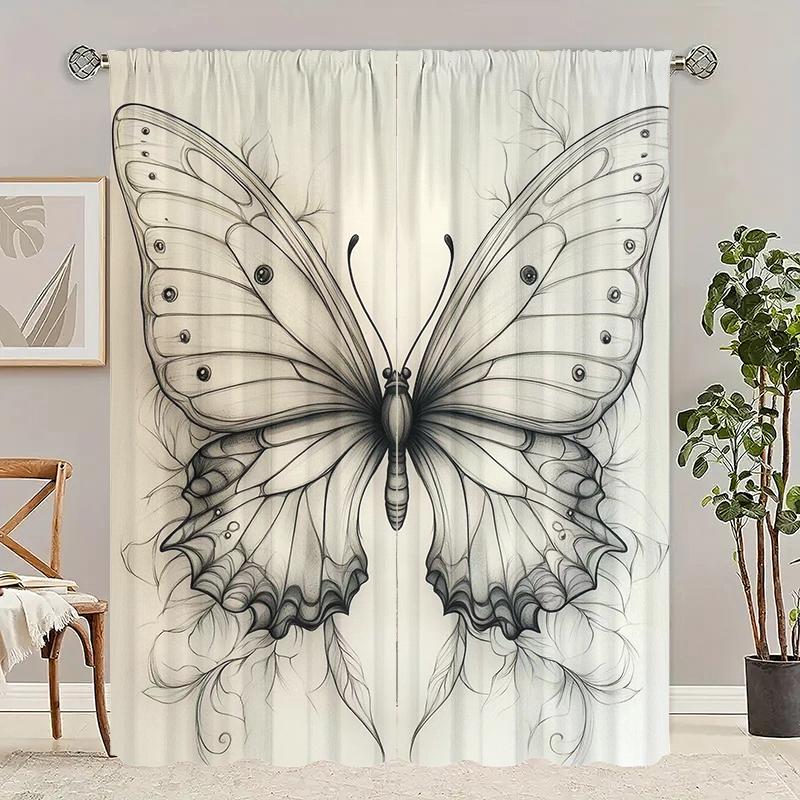 2Pcs- Vintage Butterfly - Printed Curtains -100% Polyester for Bedroom Curtains and Living Room Decor.