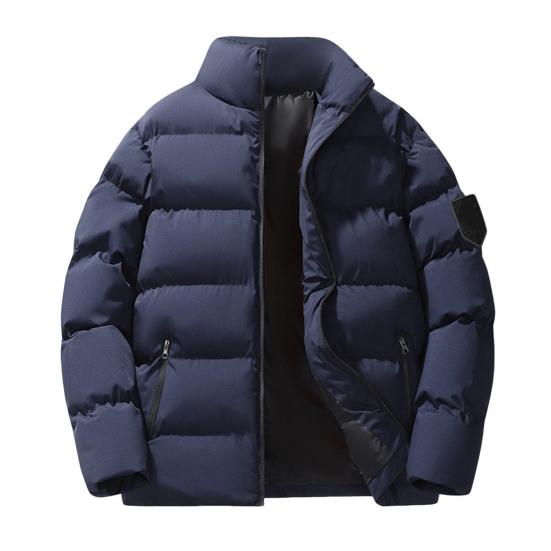 Men Cotton Coat Stand Collar Long Sleeve Zip-up Thickened Cotton Jacket with Side Pockets Solid Color Thickened Winter Quilted Coat
