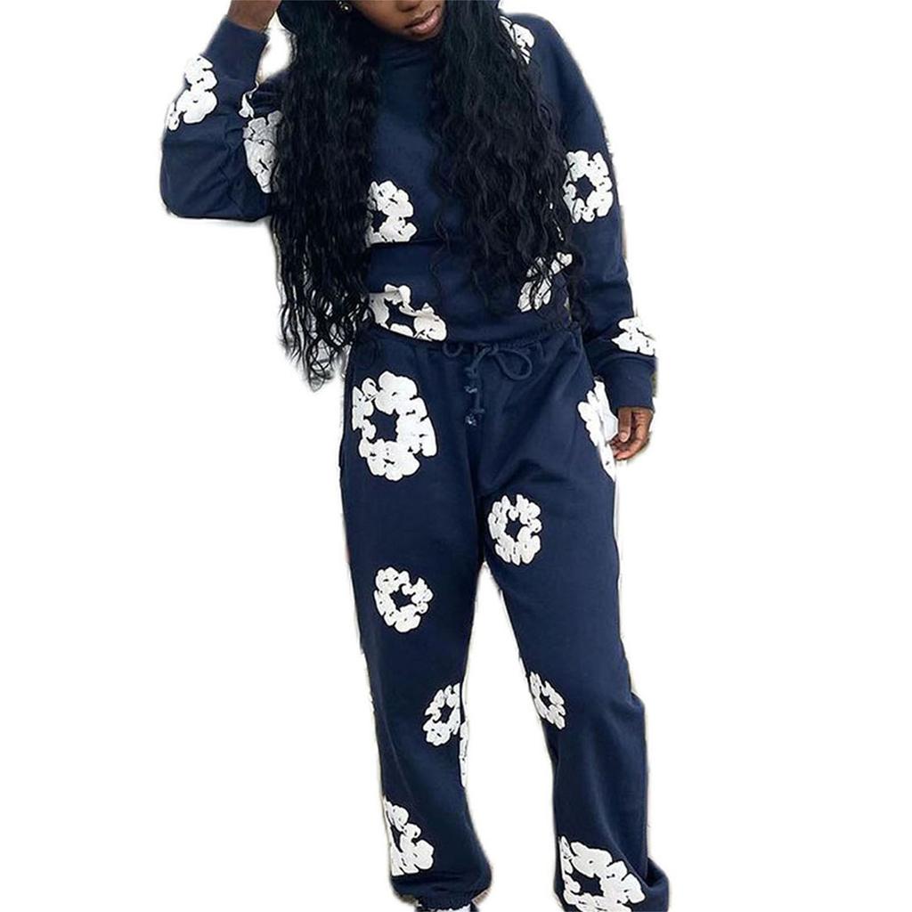 Women Men 2 Piece Tracksuits Floral Print Hoodie Sweatshirt and Elastic Pants for Activewear Workout Outfits Set