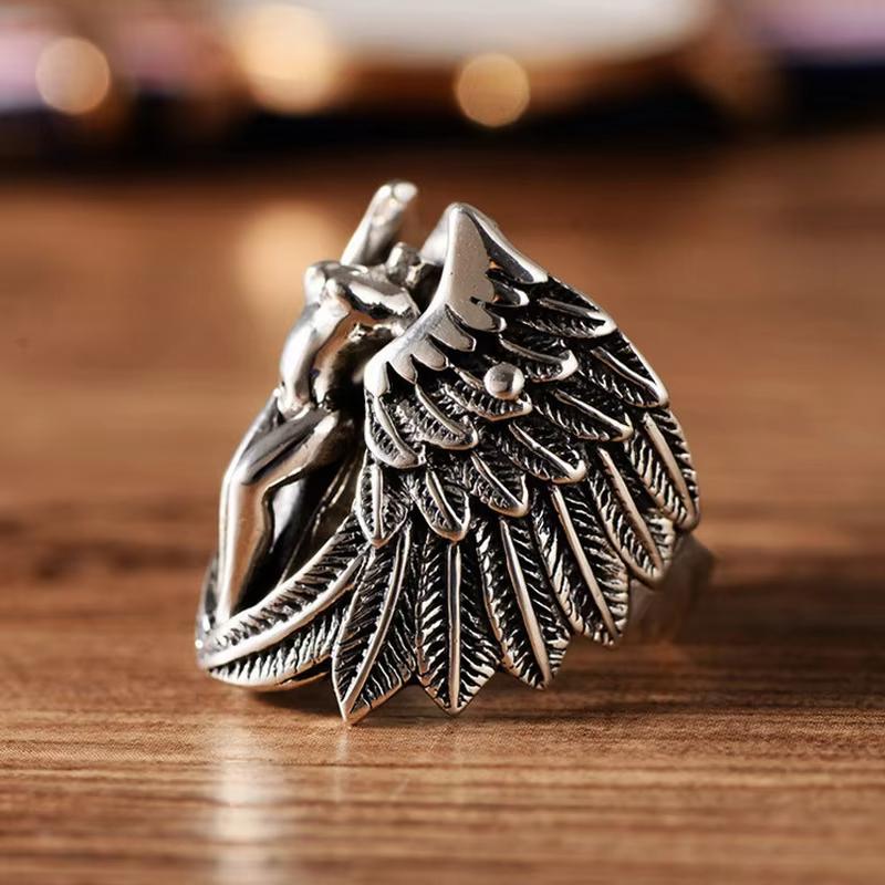 Huajie Men's Charming Cross Angel Wings Rings Classic Retro Banquet Party for Men Delicate Unisex Ring Trend Tide