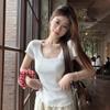 2025 Summer Korean U-Neck Jacquard Lace Short-Sleeve Women's Chic Base Shirt