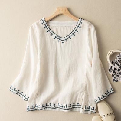 Seven-quarter Sleeve Embroidered Cotton Top Spring and Summer Literary Retro Thin Design Loose T-shirt