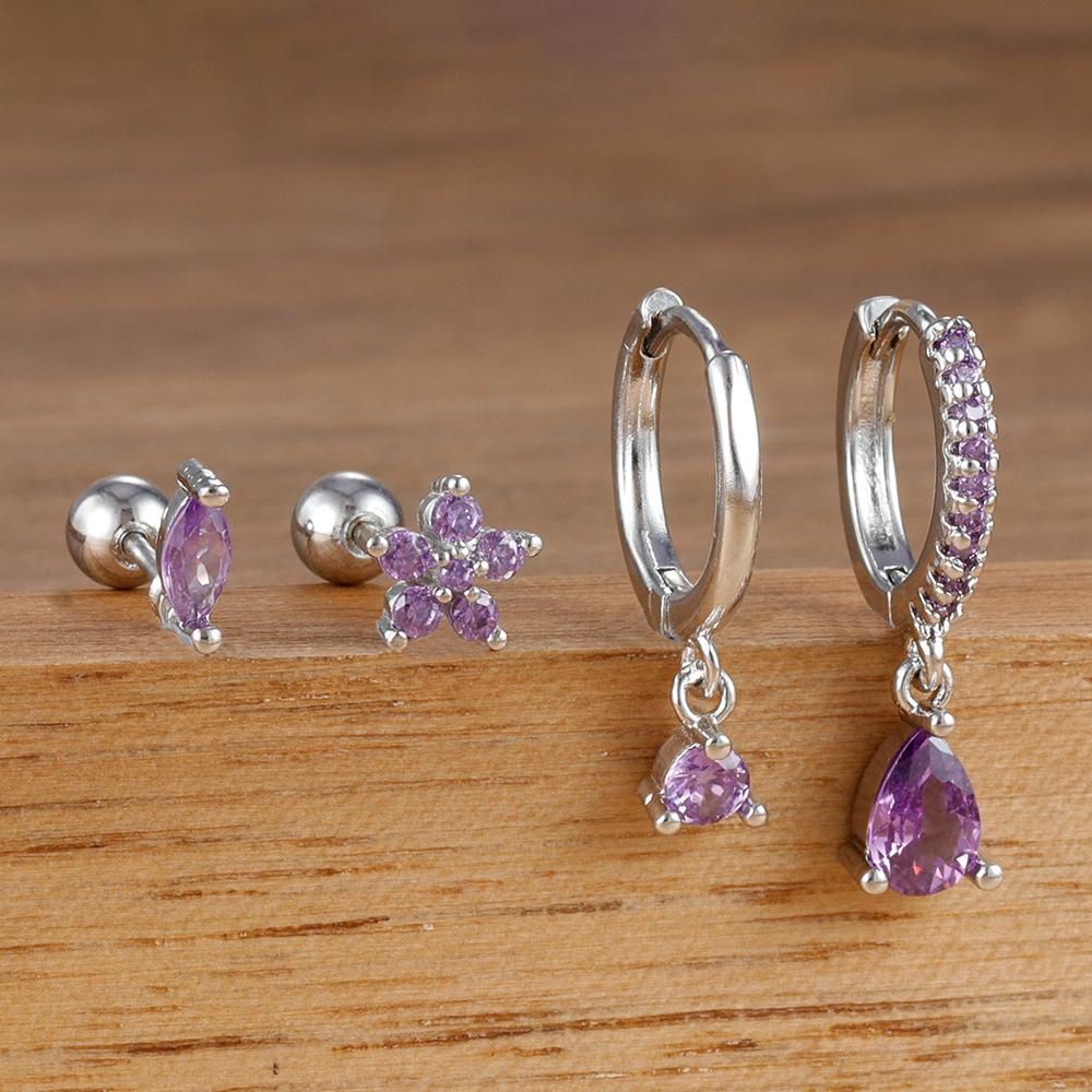 4PCS New Design Stainless Steel Water Drop Cubic Zirconia Dangle Earrings Set Flowers Horse Eyes Stud Piercing Earring Jewelry