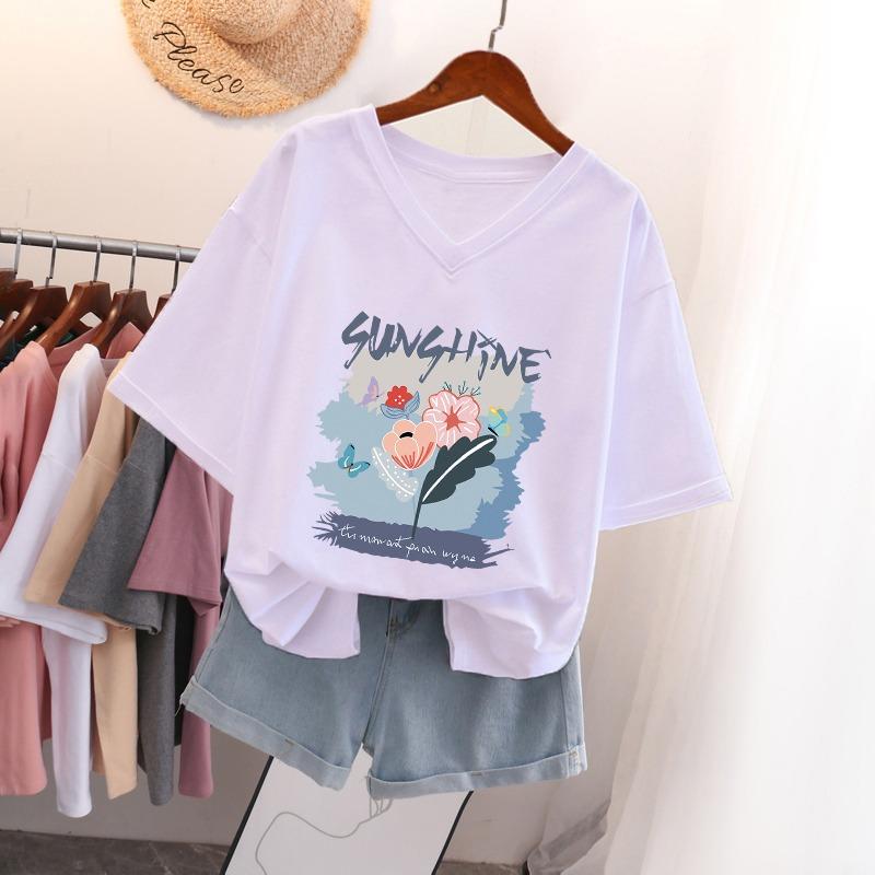 

Футболка з коротким рукавом, Вільного крою, Приталена футболка з V-подібним вирізом з принтом для жінок S білий