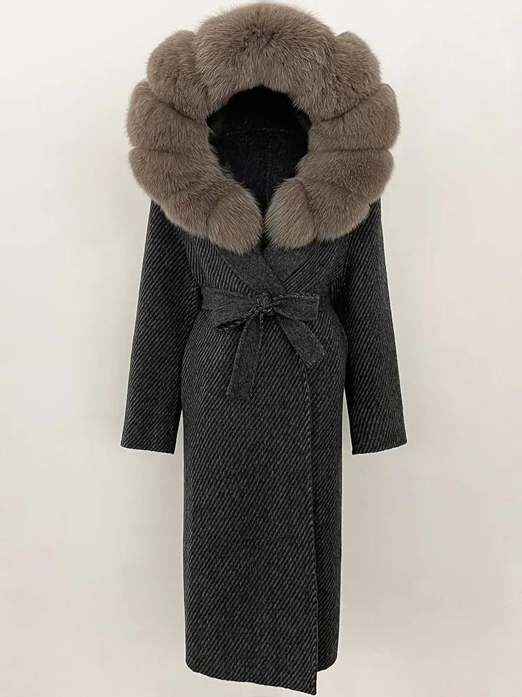 OFTBUY Winter Women Coat Real Natural Fox Fur Hooded Detachable Collar Double-faced Woolen Jacket Long Casual Elegant Overwears
