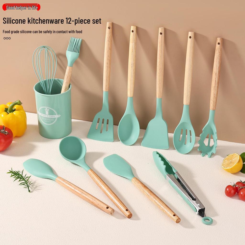 12-Piece Non-Stick Silicone Kitchenware Set: Food-Grade Wooden Handle, Includes Spatulas & Spoons, with Storage Bucket