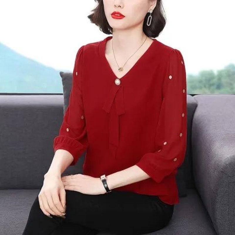 

Spring Summer New Casual V-Neck Shirt 3/4 Sleeve Stylish Bow Three-dimensional Decoration Female Commute Polka Dot Korean Blouse L червоний