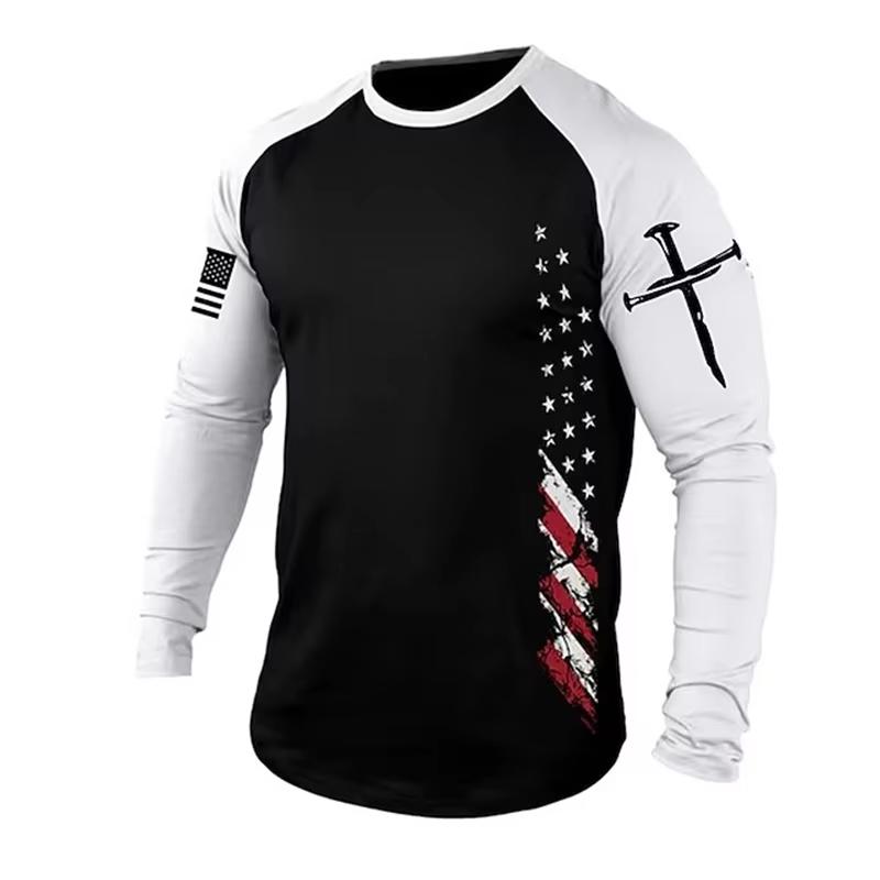 Men's Long sleeves T-shirts Gym 3D Print USA Flag Casual Round neck Tops