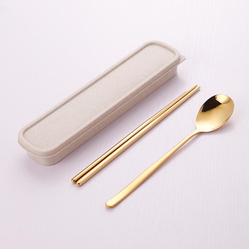 Korean Portable Stainless Steel Cutlery Set: Spoon, Fork & Chopsticks with Travel Box. Custom Logo Option Available.