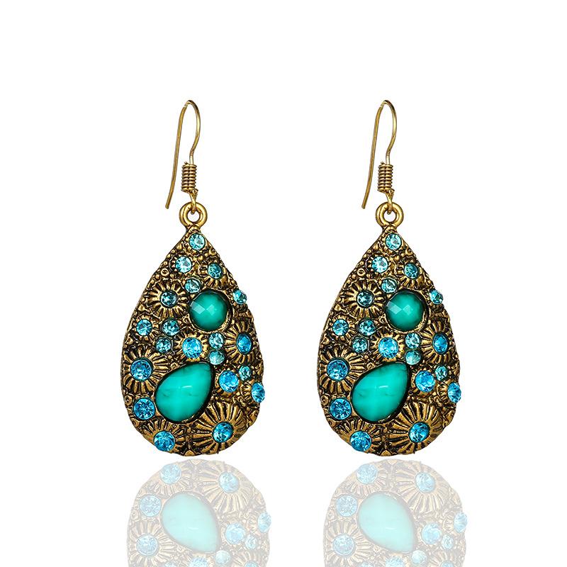 Vintage Ethnic Multicolor Rhinestone Water Drop Dangle Earrings for Women Carved Texture Antique Glod Color Earrings Jewelry