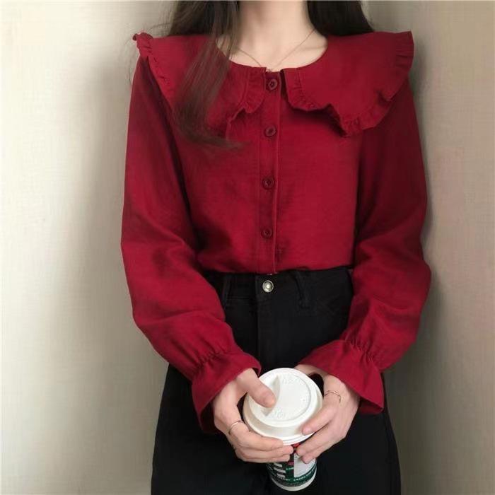 Women's Trendy White Shirt: College-Style Doll Collar, Long Sleeve, Loose Fit for Autumn/Spring