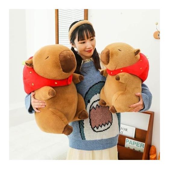 EZweekend Capybara Plush Toy with Strawberry Backpack, Extra Large, Cute, Soft, and Fluffy, Brown, Cuddly Pillow, Funny Stuffed Animal