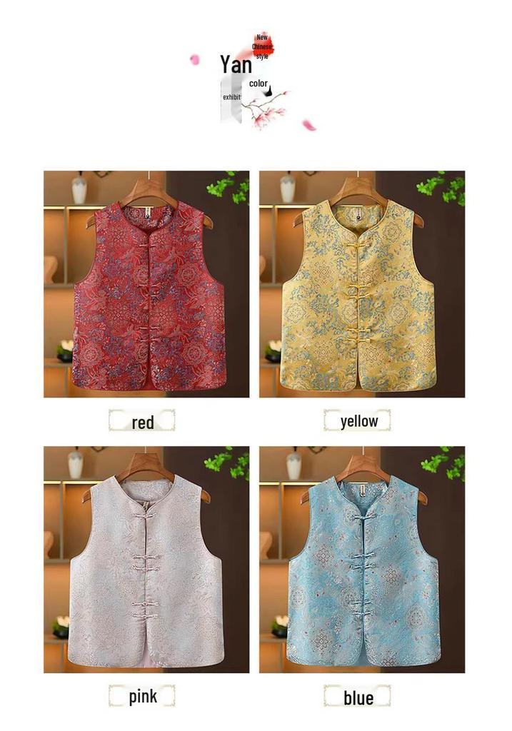 Elegant Jacquard Frog Button Vest for Middle-Aged and Elderly Mothers, Sleeveless, Versatile Spring Collection