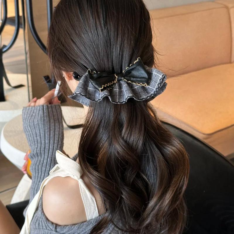 Vintage Plaid Bow Hair Claw Clips Women'S Trendy Hair Accessories Leather Bow Ruffle Design Grid Pattern Banana Clip Headdress