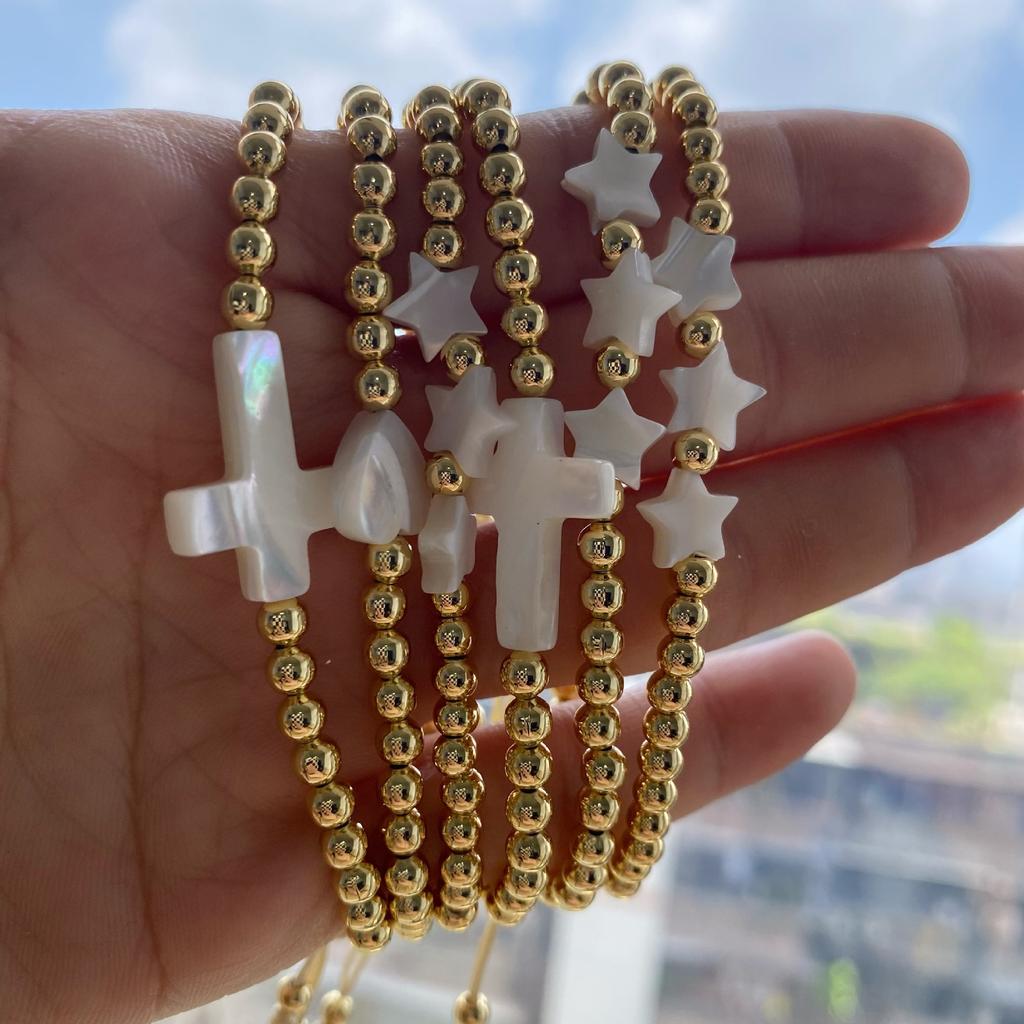 Nicssy Gold Color Beaded Bracelets for Women Jewelry Natural Shell Cross Star Heart Charm Bracelet Adjustable Rope Pulseras