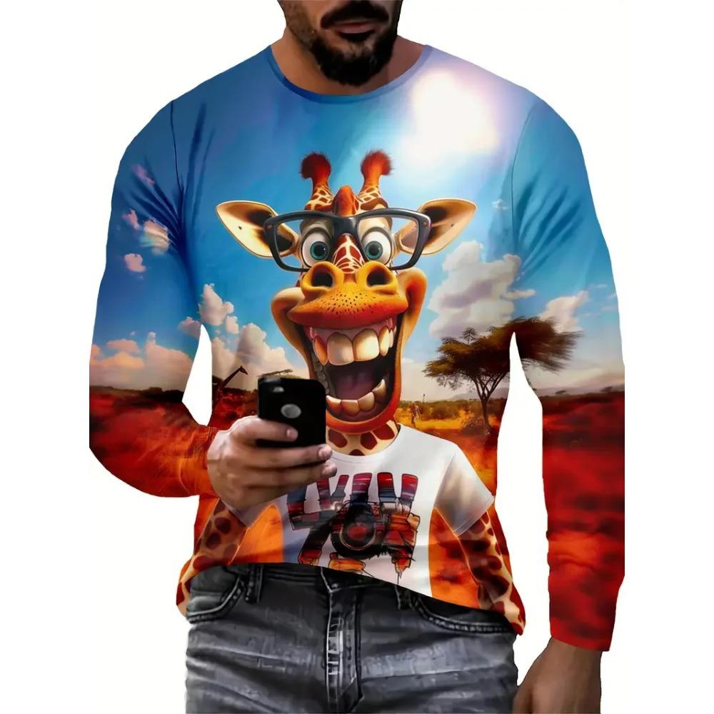 Cartoon Vibrant Rabbit Long Sleeve T-shirt Funny Animal Theme 3D Print T-shirt Man Casual Crew Neck T-shirt