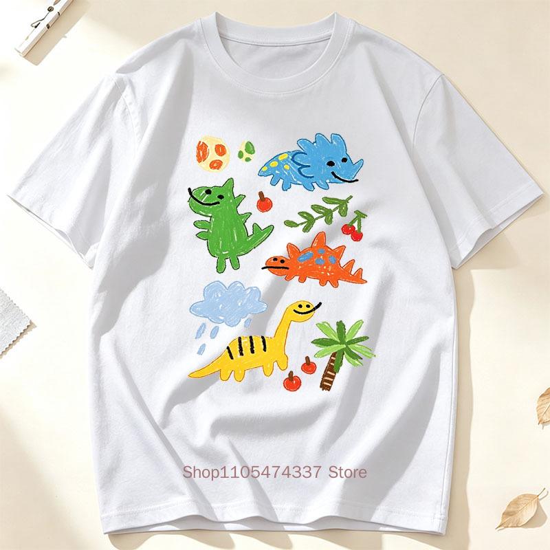 Colorful Dinosaur Doodle Graphic Print Tshirts Unisex Summer Casual Fashion Funny Y2k Tops Crew Neck Short Sleeve Cotton Tees