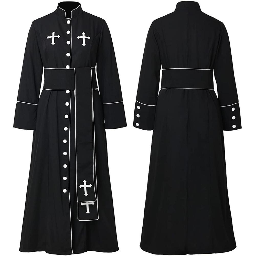 Women's Priest Robe With Stand Collar Roman Cassock Belt Street Style White/black Xs-5xl