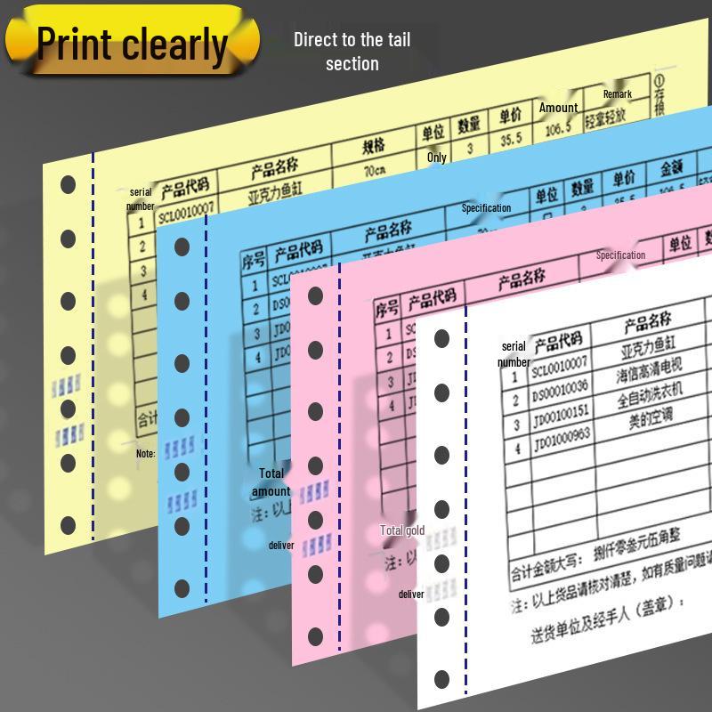 Three-part, two-fold pin-feed paper; two-part, three-fold accounting voucher paper; three-part, four-part printer form.