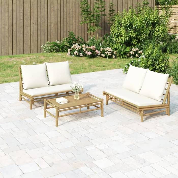 VidaXL Banc de jardin avec coussins blanc crème bambou, siège de jardin, banc de patio, banc de pique-nique, banc 363453