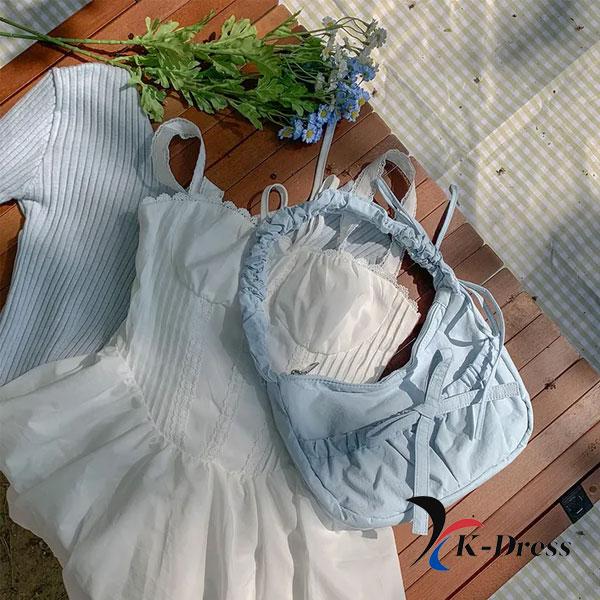 Shirring String Scrunch Shoulder Bag Nylon Ribbon Mini Gathered Casual Daily Look Date Look Travel Bag 4 Colors