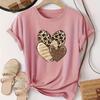 Leopard Heart Print T-Shirt Casual Crew Neck Short Sleeve Top For Spring & Summer Women's Clothing