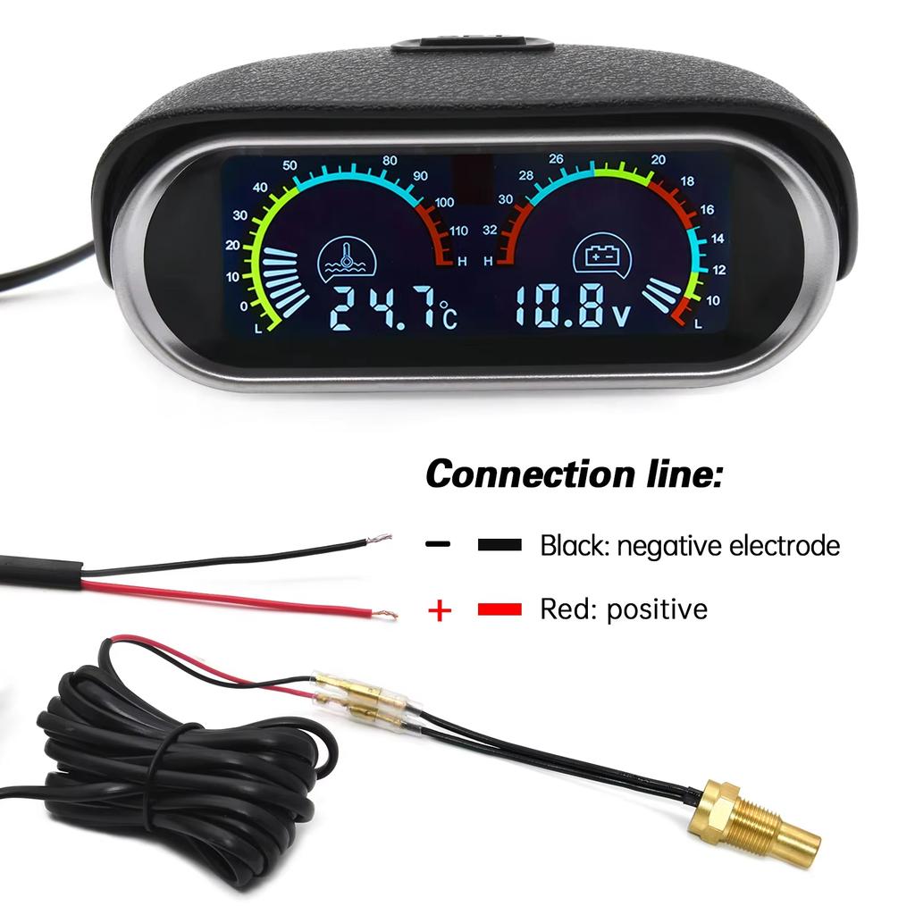 2-in-1 12V/24V Car Truck LCD Digital Gauge Kit Water Temperature Meter + Voltmeter with 1/8 NPT Temp Sensor for Auto Vehicles