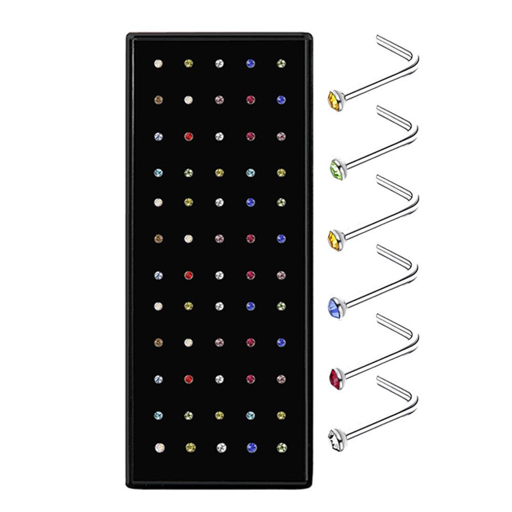 60 Stainless Steel L-Shaped Nose Studs (1.5/2.0/2.5mm) with Diamond Inlay Curve Nose Rings